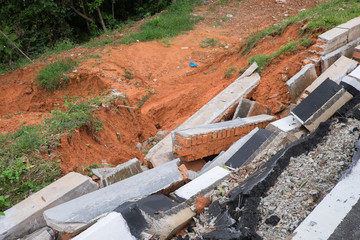 Drain damage. Soil erosion or landslide  in the slope  during  the rainy season at Muadzam Shah, Malaysia.