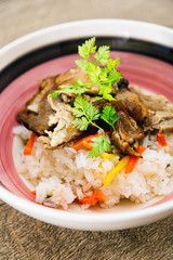 Asian style caramel pork with rice and vegetable