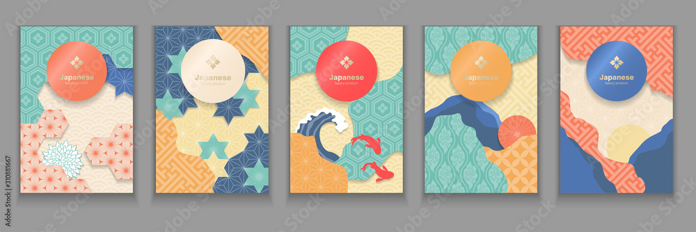 Poster overhead view of multiple different kinds of colorful japanese style packaging templates next to eac