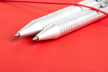 Red Leather Journal Cover With Elastic Band And Two Ballpoint Pens