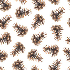 Pine cone. Watercolor seamless pattern on a white background. Winter and autumn design. Background with hand painted