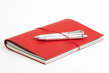 Red Leather Journal Cover With Elastic Band And Two Ballpoint Pens