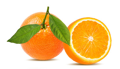 Fresh oranges with leaves isolated on white background with clipping path