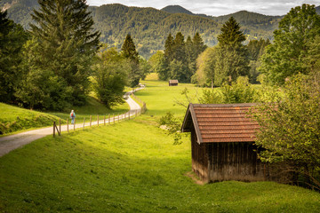 path through the alpine landscape with a house and a walker