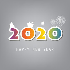 Best Wishes - Simple Colorful New Year Card, Cover or Background Design Template With Christmas Tree, Gift Box, Drinking Glasses And Fireworks - 2020