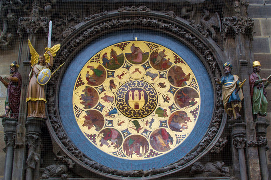 Close-up of Prague Astronomical Clock (Prague Orloj, Pražský orloj) in the facade of the Old Town Hall (Staroměstská radnice) of Prague, Czech Republic