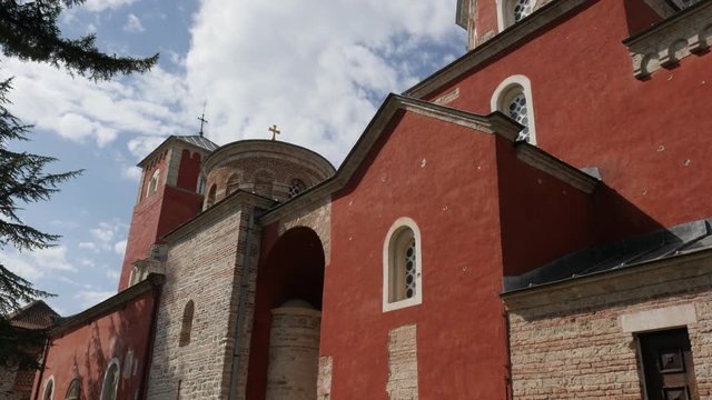 Facade and main Zica monastery building details 4K tilting footage