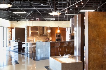 Empty modern kitchen model in store