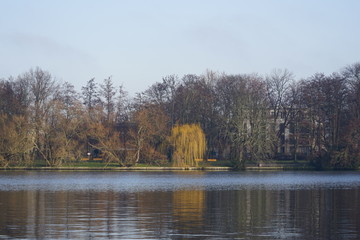 Obraz premium Blick über die Spree bei Sonnenschein auf die Halbinsel Stralau
