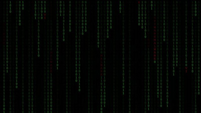 Technology digital fall in dark or black background with text red of Virus, Worm, Spyware, Trojan, Malware number of one, two random number 0 and 1 or binary in light green color.