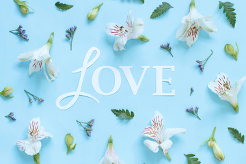 Obraz premium Flowers and word Love on a light blue background