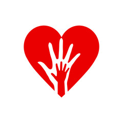 Two Hands in the Heart Icon as Orphan Children Adoption Metaphor. Helping or Loving Hands in the Red Heart
