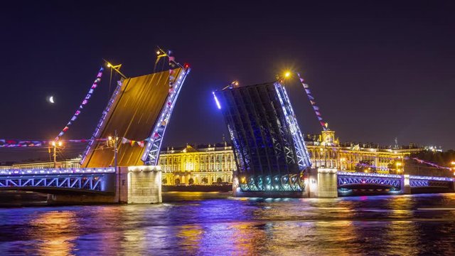 Drawn Palace bridge and the Winter Palace in St. Petersburg at night, Russia, timelapse 4k