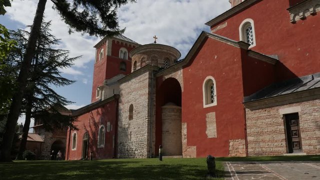 Architectural details of Serbian monastery called Zica 4K panning video