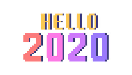 Hello 2020, bright pixel art lettering greeting card. 8 bit font quote for calendar isolated on white background. Farewell to last year. Winter holiday banner. New year's eve note.