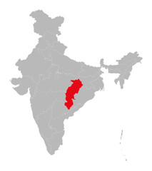 Chhattisgarh state marked red on indian map vector. Light gray background. Perfect for business concepts, backdrop, backgrounds, label, sticker, chart etc.