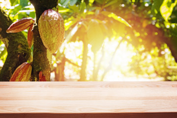 Empty wooden table for montage, your product display with blurred cocoa trees