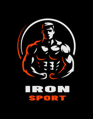 Fototapeta na wymiar Iron sport. Bodybuilding. Athlete silhouette logo, emblem on a dark background. Vector illustration.