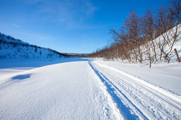 Fototapeta na wymiar Track for winter sports. Road for snowmobiles, dog sledding and skiing. Winter sunny northern landscape. Norway