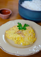 omelette egg with coconut and boiled shrimp