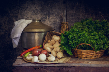 Vegetables on a vintage wooden chest