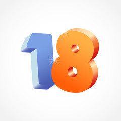 18 th anniversary numbers. 18 years old coloured logotype. Age congrats, congratulation idea. Isolated abstract graphic design template. Creative 1, 8 3D digits. Up to 18%, -18% percent off discount.