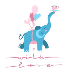 Cute elephant with heart shaped balloon cartoon character. Line Lettering quote - With love - for t-shirt print, kids wear fashion design, Valentine's card. Hand drawn flat vector illustration