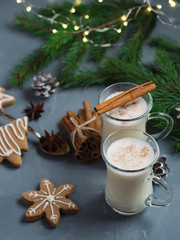 Obraz na płótnie Canvas Eggnog with cinnamon and alcohol for winter holidays . Traditional Christmas drink