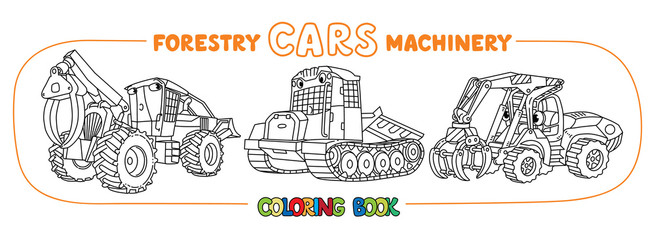 Forestry machinery. Skidder cars coloring book set