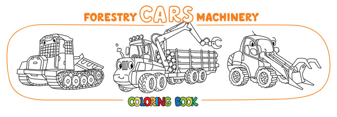 Forestry machinery. Skidding tractor, harvester, handler cars coloring book set