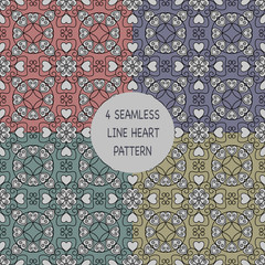 4 color(red, green, yellow, purple) seamless line heart pattern, vintage style, vector/illustration