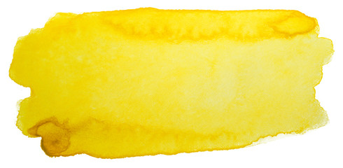 watercolor yellow stain drawn by brush on paper. Isolated on white background.