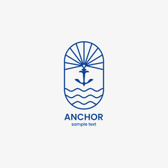 Anchor logo design with wave and sun vector illustration