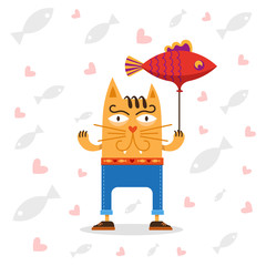 Cat with a balloon fish and heart. Vector Illustration