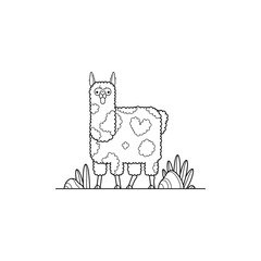 Cute alpaca home animal illustration. Stylized llama on the street with bushes and stones outline stock vector illustration for coloring. Contour stylized vector llama isolated on white background. 