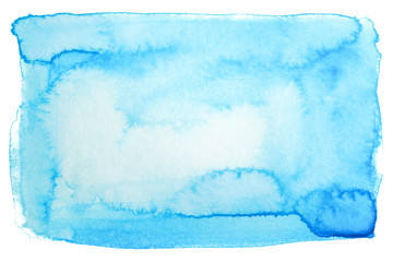 watercolor rectangular element for design blue stain drawn by brush on paper. Isolated on white background.