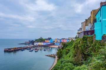 Colorful harbor houses in Tenby, Wales, UK