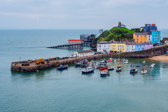 Colorful harbor houses in Tenby, Wales, UK