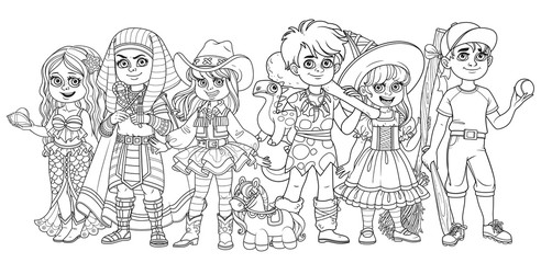 Children in carnival costumes baseball player, mermaid, cowgirl, egyptian pharaoh, caveman, witch characters outlined for coloring page