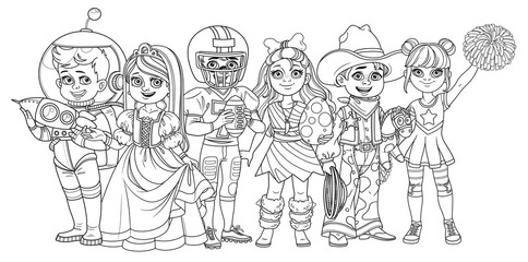 Fototapeta na wymiar Children in carnival costumes princess, astronaut, prehistoric man, american football player, cowboy, cheerleader characters outlined for coloring page