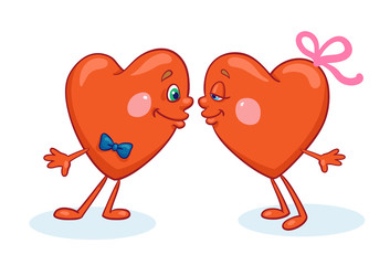 Two funny kissing hearts. In cartoon style. Isolated on white background. Vector Illustration. Card for Valentine's Day.