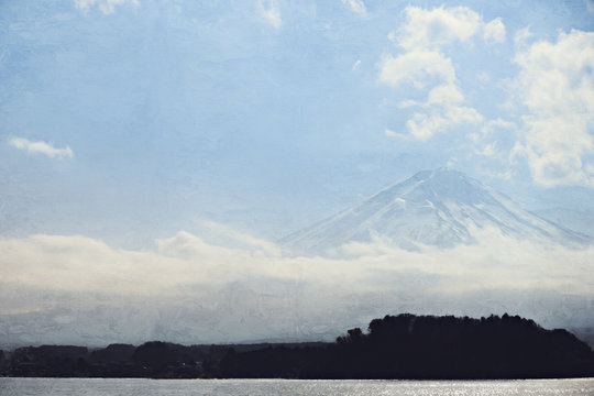 Abstract Fuji mountain range in kawaguchiko, Janpan on watercolor illustration painting background.