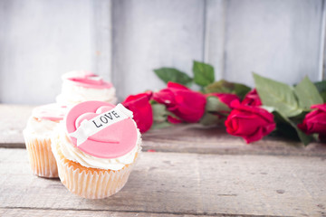 Valentine's day greeting card. Sweet Valentine's creative dessert food. Homemade pink and red ...