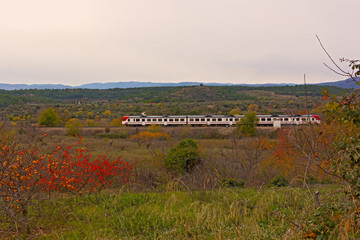 Countryside landscape in autumn with moving train. Panorama with fields, fruit trees and mountains on horizon in Valencia province of Spain.
