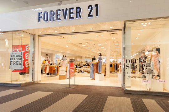 Vaughan, Ontario, Canada - March 24, 2018:  Forever 21 store front in the Vaughan Mills mall in Toronto. Forever 21 is an American fast fashion retailer.
