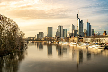 frankfurt skyline with reflections in the main river, frankfurt am main, germany