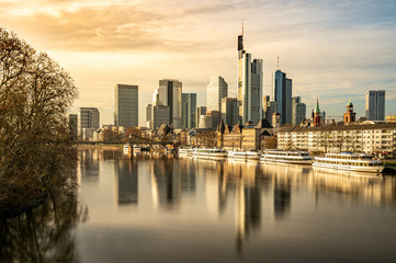 frankfurt skyline with reflections in the main river, frankfurt am main, germany