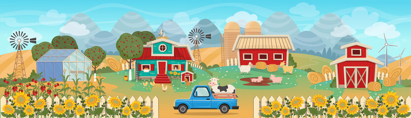 Obraz na płótnie Canvas Farm panorama with a greenhouse, barn, houses, mills, fields, trees and farm animals. Vector illustration in flat cartoon style. Seamless background on layers.