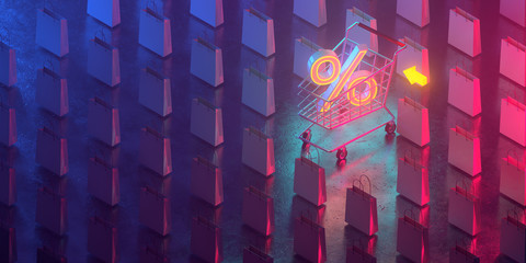 The three-dimensional percentages are placed in a shopping cart and there are many shopping bags around. All live in a futuristic atmosphere. 3D render.
