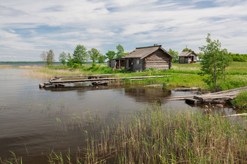 Fototapeta premium Kizhi. wooden hut landscape, lake